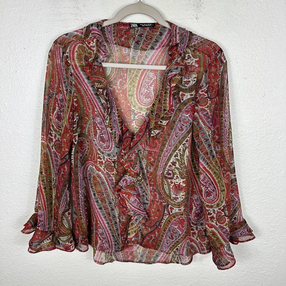 ZARA Womens M Sheer Paisley Ruffle Romantic Blouse Blogger Fav Red Fairy Boho